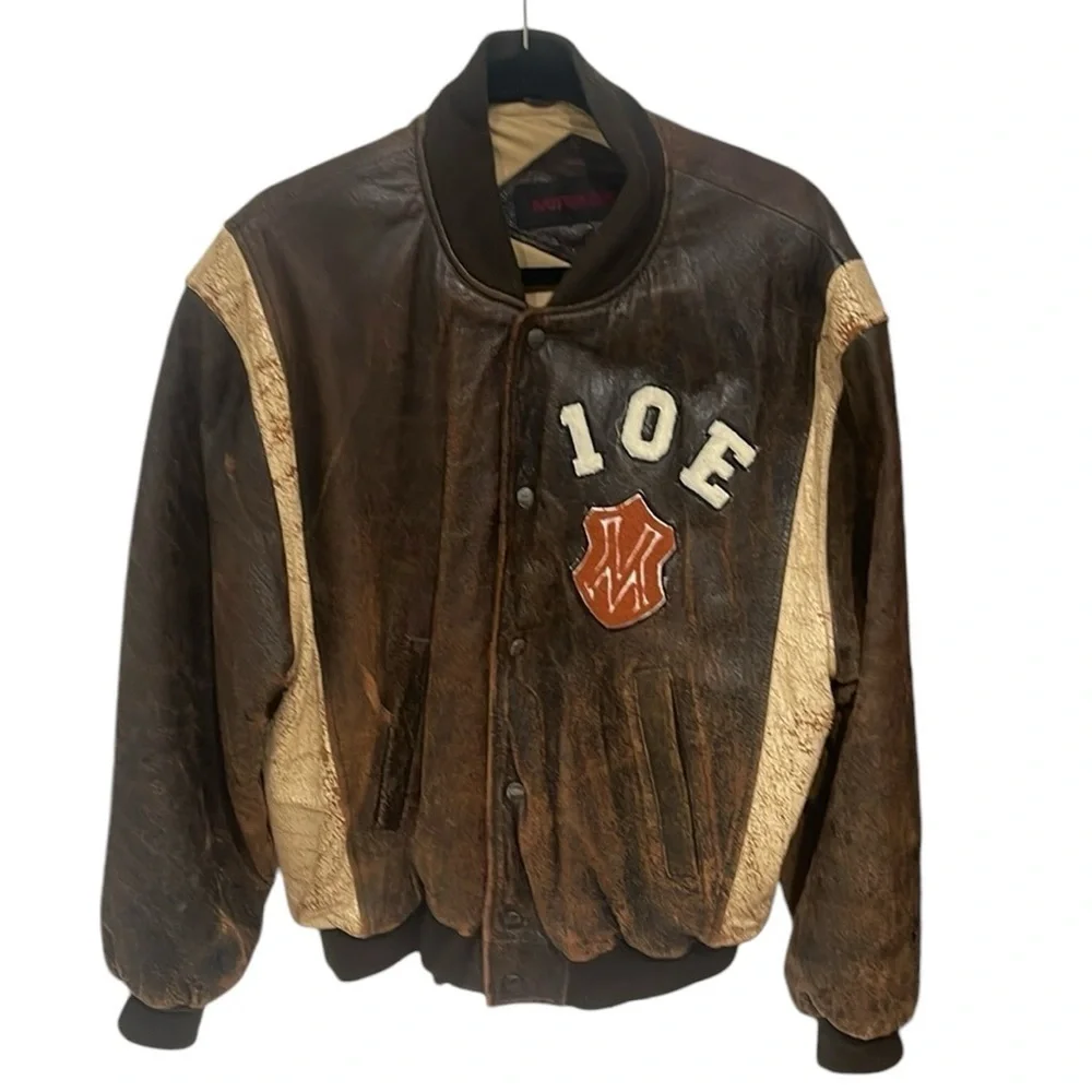 Vintage Mirage Distressed Leather Bomber Varsity Jacket Brown Cream SZ M